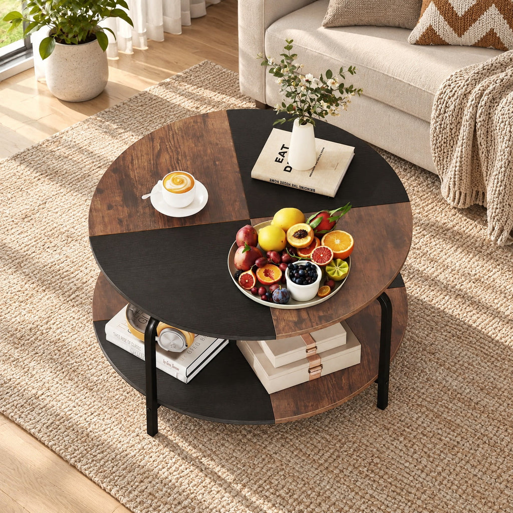 Airfind 2-Tier Round Coffee Table Metal Frame with Storage Shelf, 220 lbs Capacity, Engineered Wood Metal Frame, Coffee