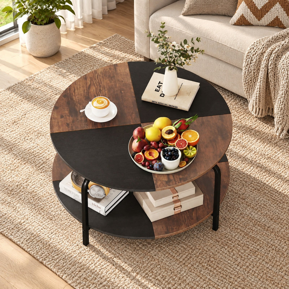 Airfind 2-Tier Round Coffee Table Metal Frame with Storage Shelf, 220 lbs Capacity, Engineered Wood Metal Frame, Coffee