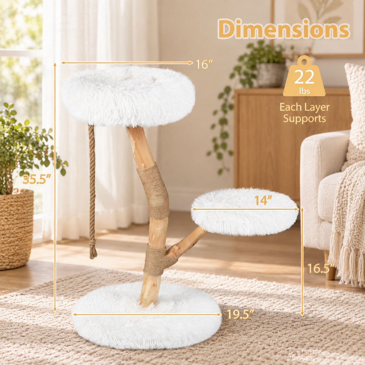 Airfind Modern Wooden Cat Tree Tower with Perch and Natural Jute Scratching Posts, 66 Lbs Capacity, Pear Wood Jute Long Plush Fabric, White