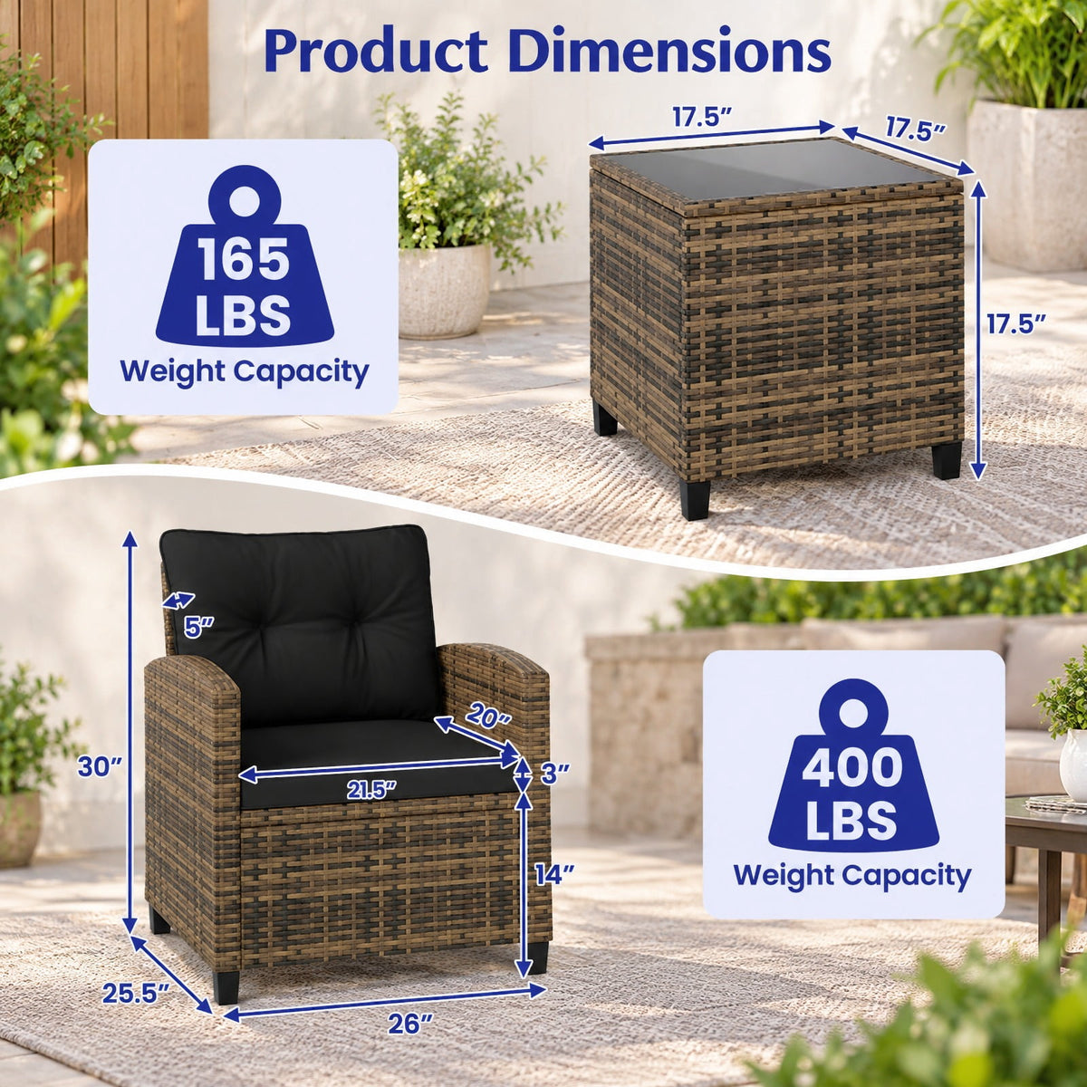 Airfind 3 Pieces Patio Furniture Set with Tempered Glass Coffee Table-Black Brown, 400 lbs Capacity, 25.5 x 26 x 30 Footprint, Coffee