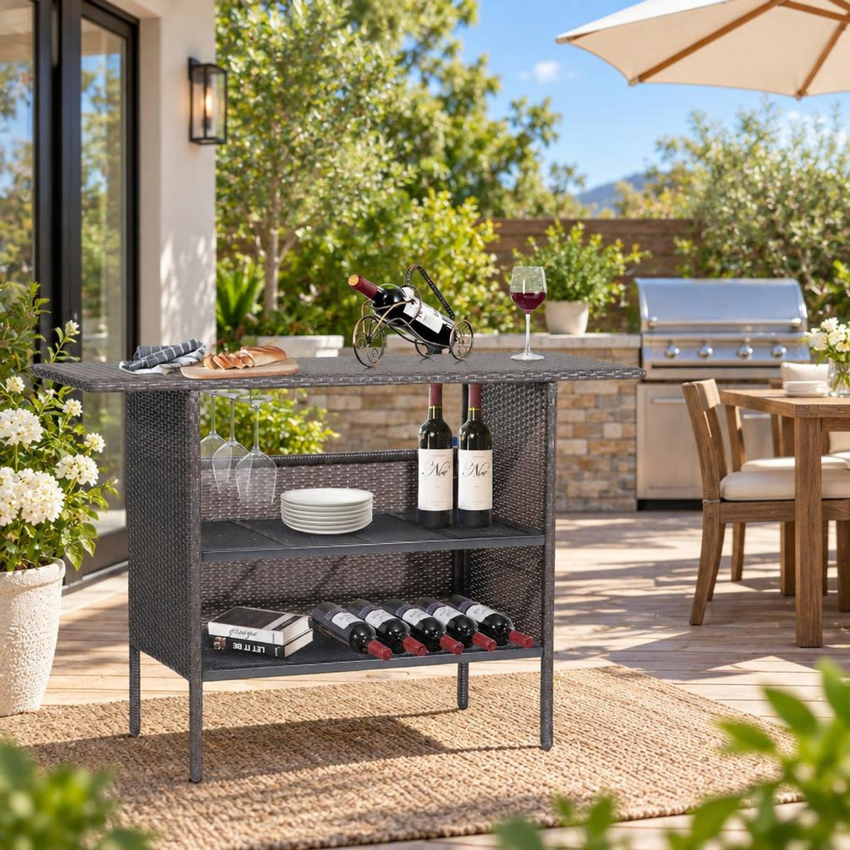 Airfind Outdoor Wicker Bar Table with 2 Metal Mesh Shelves, PE rattan steel Frame, 55 x 18.5 x 36 Footprint, Mix brown