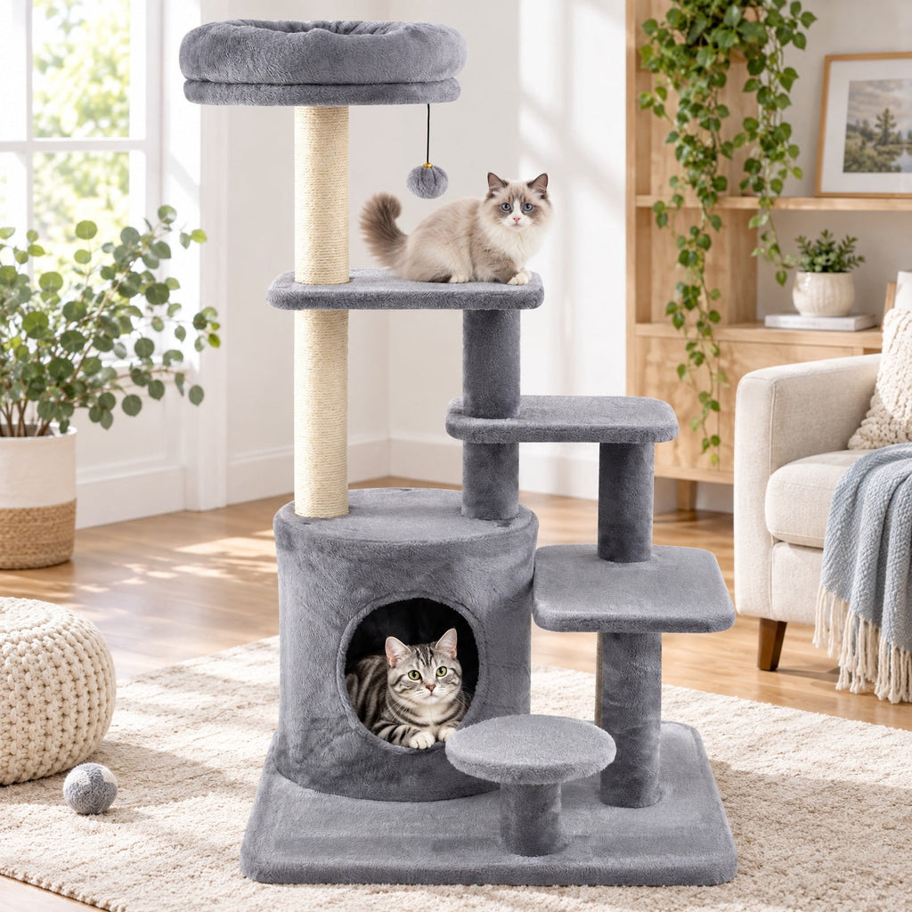 Airfind 40 Inch Multi-level Cat Tower with Condo and Dangling Jingle Ball, 33 lbs Capacity, Engineered Wood Sisal Plush Fabric Frame, Gray