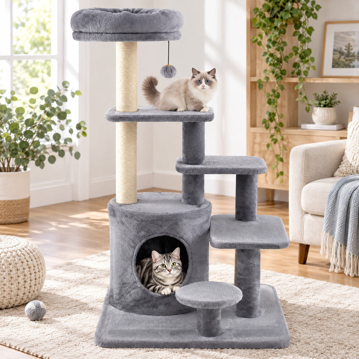 Airfind 40 Inch Multi-level Cat Tower with Condo and Dangling Jingle Ball, 33 lbs Capacity, Engineered Wood Sisal Plush Fabric Frame, Gray