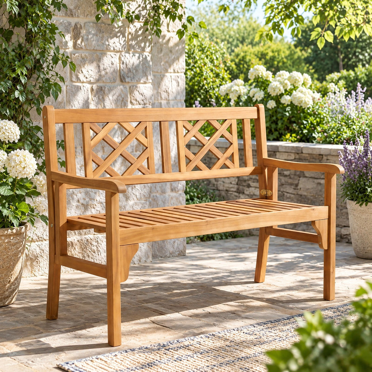 Airfind Patio Foldable Bench with Curved Backrest and Armrest, 705 lbs Capacity, Acacia wood Frame, Teak