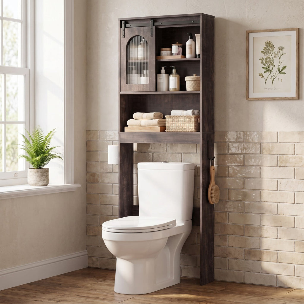 Airfind Over Toilet Storage Cabinet with Sliding Barn Door and Open Shelves for Bathroom, 44 lbs Capacity, Engineered Wood Frame, Black Oak