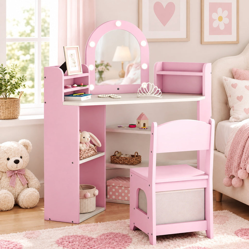 Airfind 2-In-1 Kids Vanity Set with Lights for Toddlers 3+ Years Old, 45 lbs Capacity, MDF Non-woven Fabric Frame, 37 x 24 x 39.5 Footprint, Pink