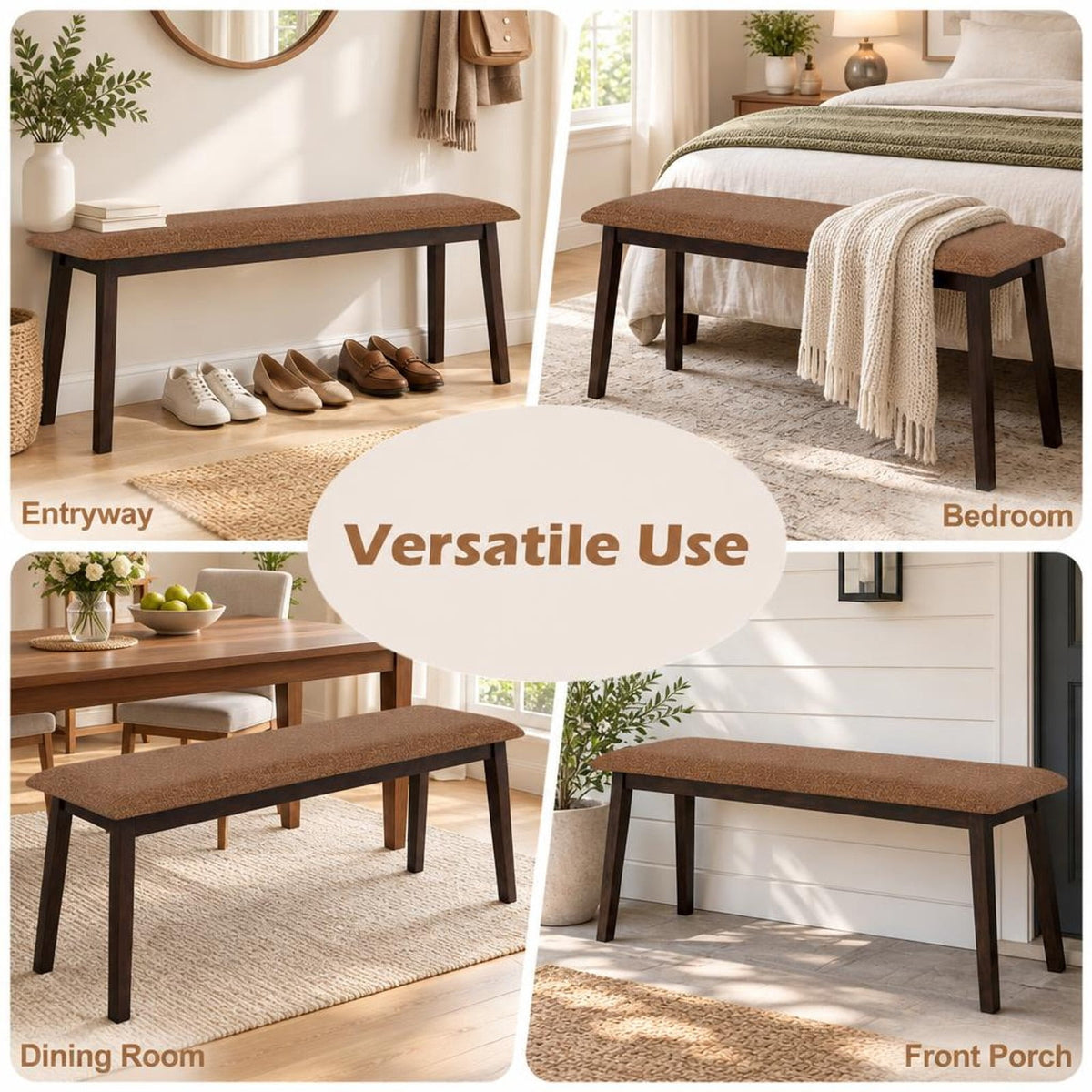 Airfind 43.5 Inch Upholstered Entryway Bench with Rubber Wood Frame, 550 lbs Capacity, Faux Linen Fabric Frame, 43.5 Inch x 14 Inch x 18 Inch Footprint, Brown