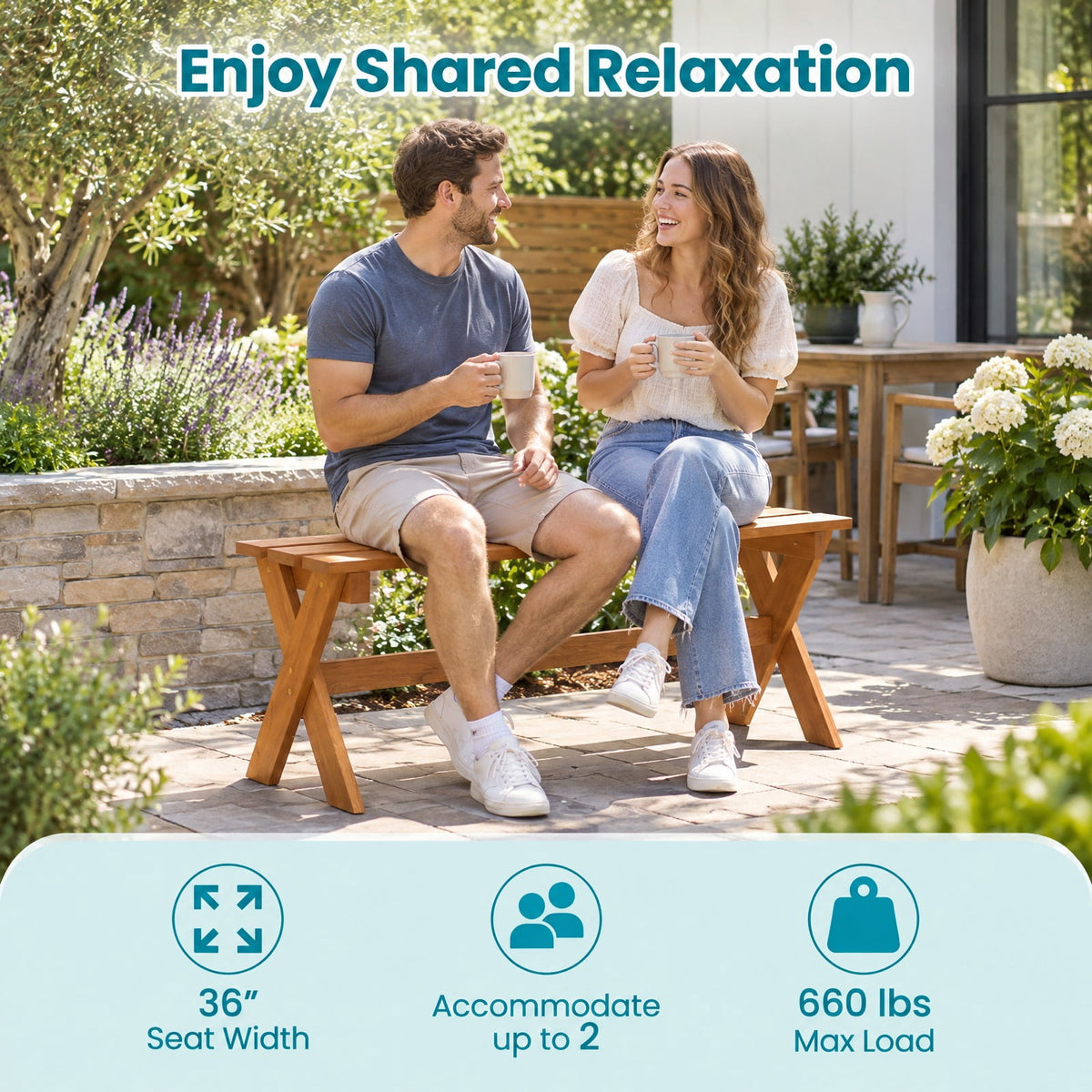 Airfind 36 Outdoor Solid Wood Bench Set of 2 Backless Patio Dining Bench with Teak Oil Finish, 660 lbs Capacity, Hardwood Frame, Wood