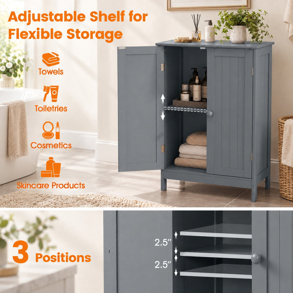 Airfind Bathroom Floor Storage Double Door Cupboard Cabinet, 22 lbs Capacity, MDF Frame, 24in x 14in x 34.5in Footprint, Gray