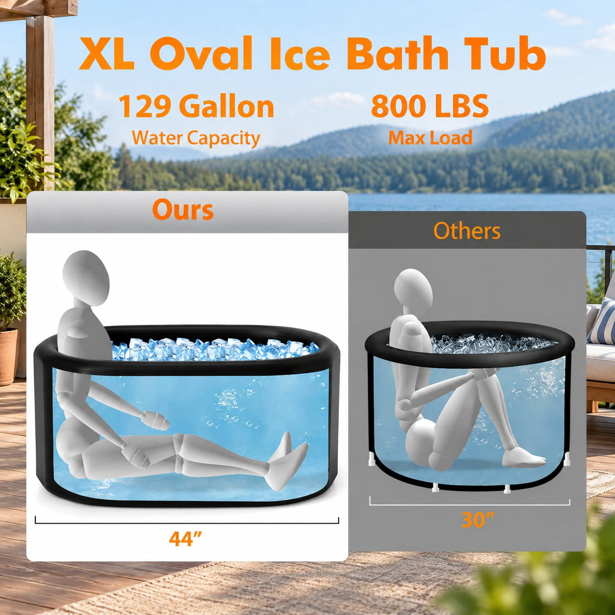 Airfind XL 129 Gal Oval Ice Bath Tub with Cover and Hand Pump for Athletes, 800 lbs Recommended Pressure 8 PSI Capacity, PVC Frame, Black