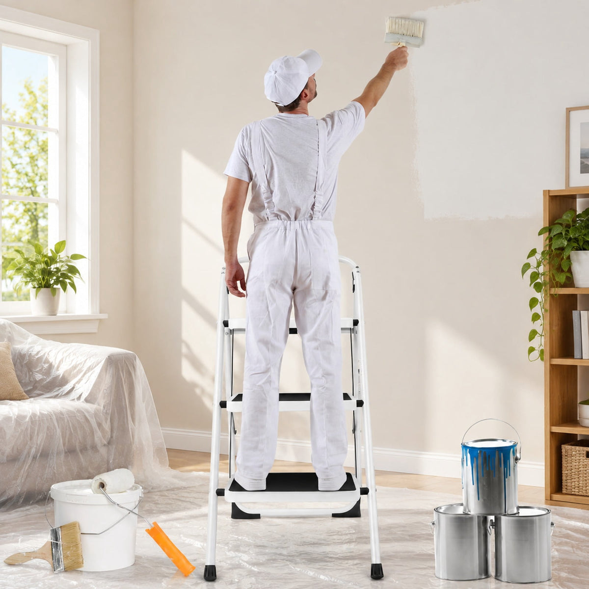 Airfind Folding 3-Step Ladder with Handgrip and Anti, 330 lbs Capacity, Iron Frame, 19.5 Inch x 26 Inch x 36.5 Inch Footprint, Black white