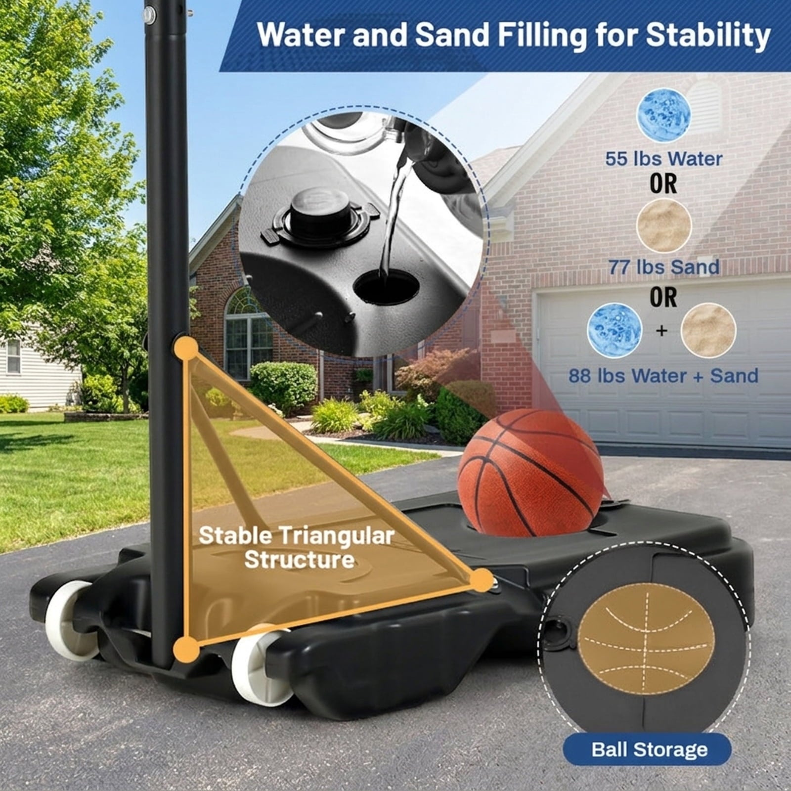 Airfind Portable Basketball Goal with Adjustable Height (4.3-8.2 ft Range) Stabilizing Base, Blue