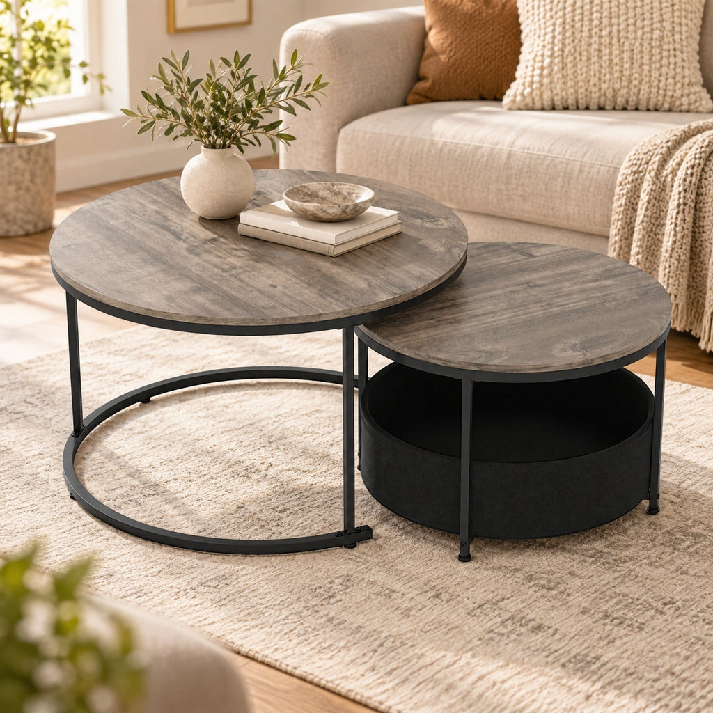 Airfind Round Coffee Table Set of 2 31.5 and 24 Circle Cocktail Table with Fabric Storage Basket, 110 lbs Capacity, 31.5 x 19 Footprint, Gray