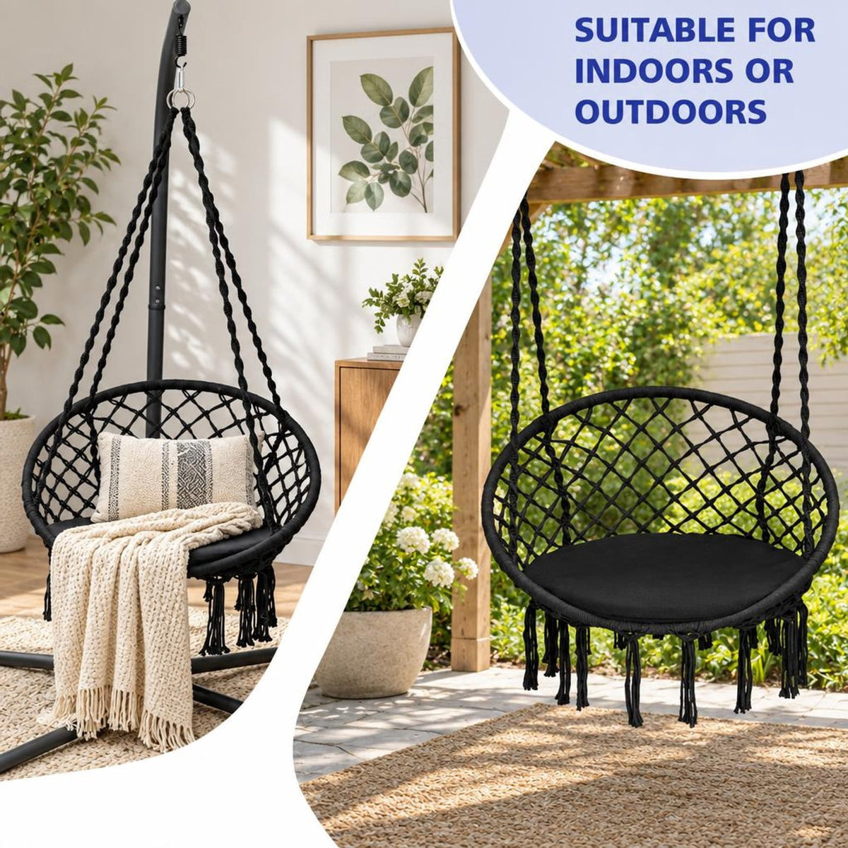 Airfind Cushioned Hammock Swing Chair with Hanging Kit, 330 lbs Capacity, Steel PP cotton polyester Frame, 31.5 Inch x 47 Inch Footprint, Black