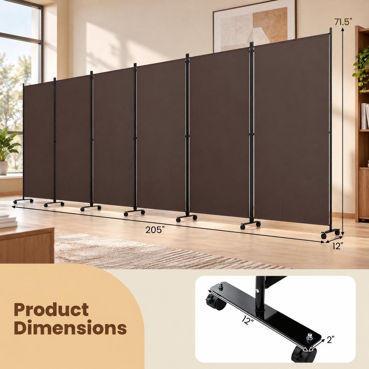Airfind 6 Panel Folding Privacy Screen Room Divider with Wheels, Polyester Fabric Metal PP Frame, 205 x 12 x 71.5 Footprint, Coffee