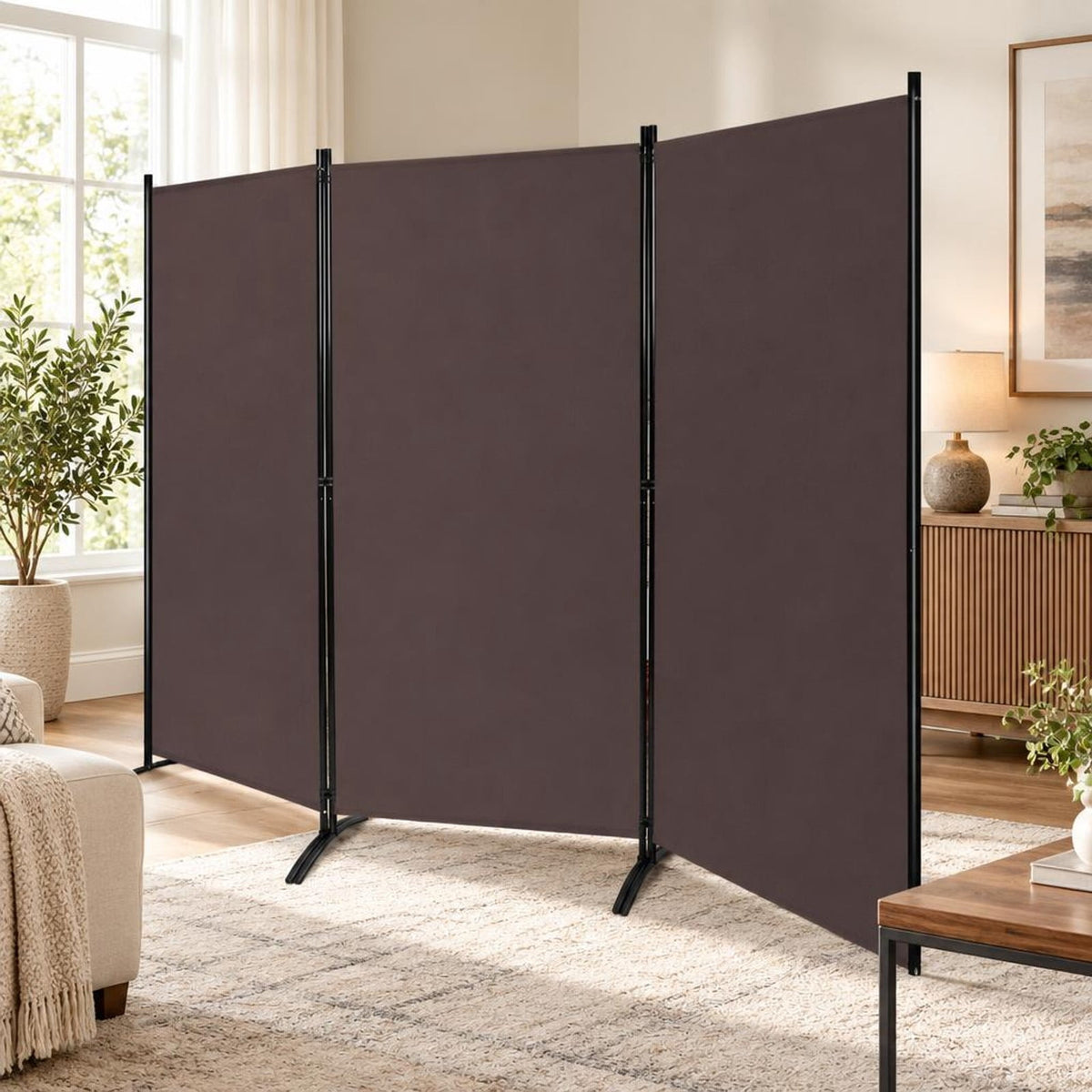 Airfind 3-Panel Room Divider Folding Privacy Partition Screen for Office Room, Polyester steel Opening Frame, 8.5 ft x 6 ft Footprint, Brown