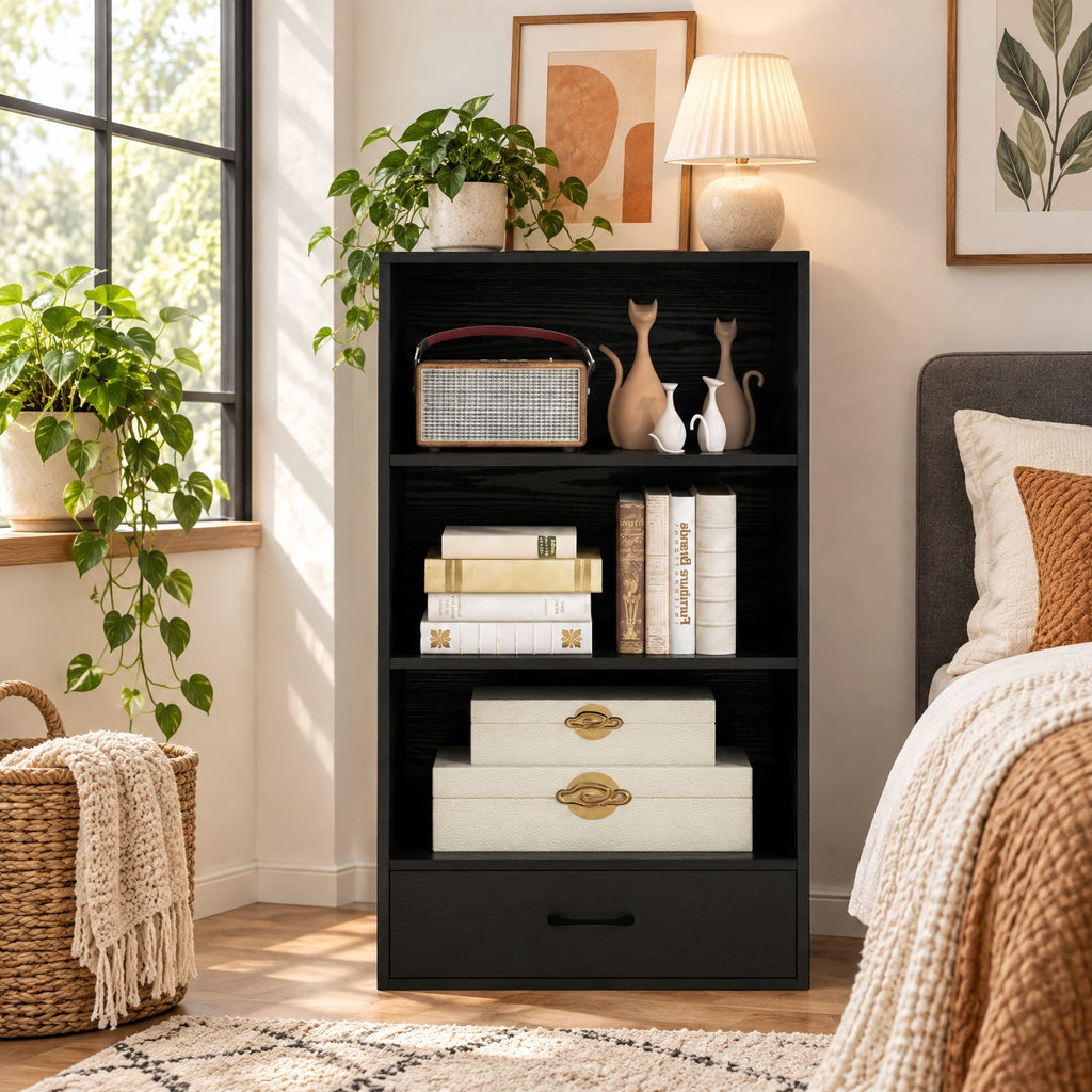 Airfind 48 Inch Tall 4 Tiers Wood Bookcase with Drawer, 88 lbs Capacity, Engineered Wood MDF Frame, 24in x 15in x 42.5in Footprint, Black