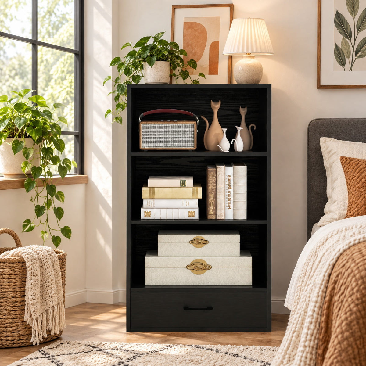 Airfind 48 Inch Tall 4 Tiers Wood Bookcase with Drawer, 88 lbs Capacity, Engineered Wood MDF Frame, 24in x 15in x 42.5in Footprint, Black