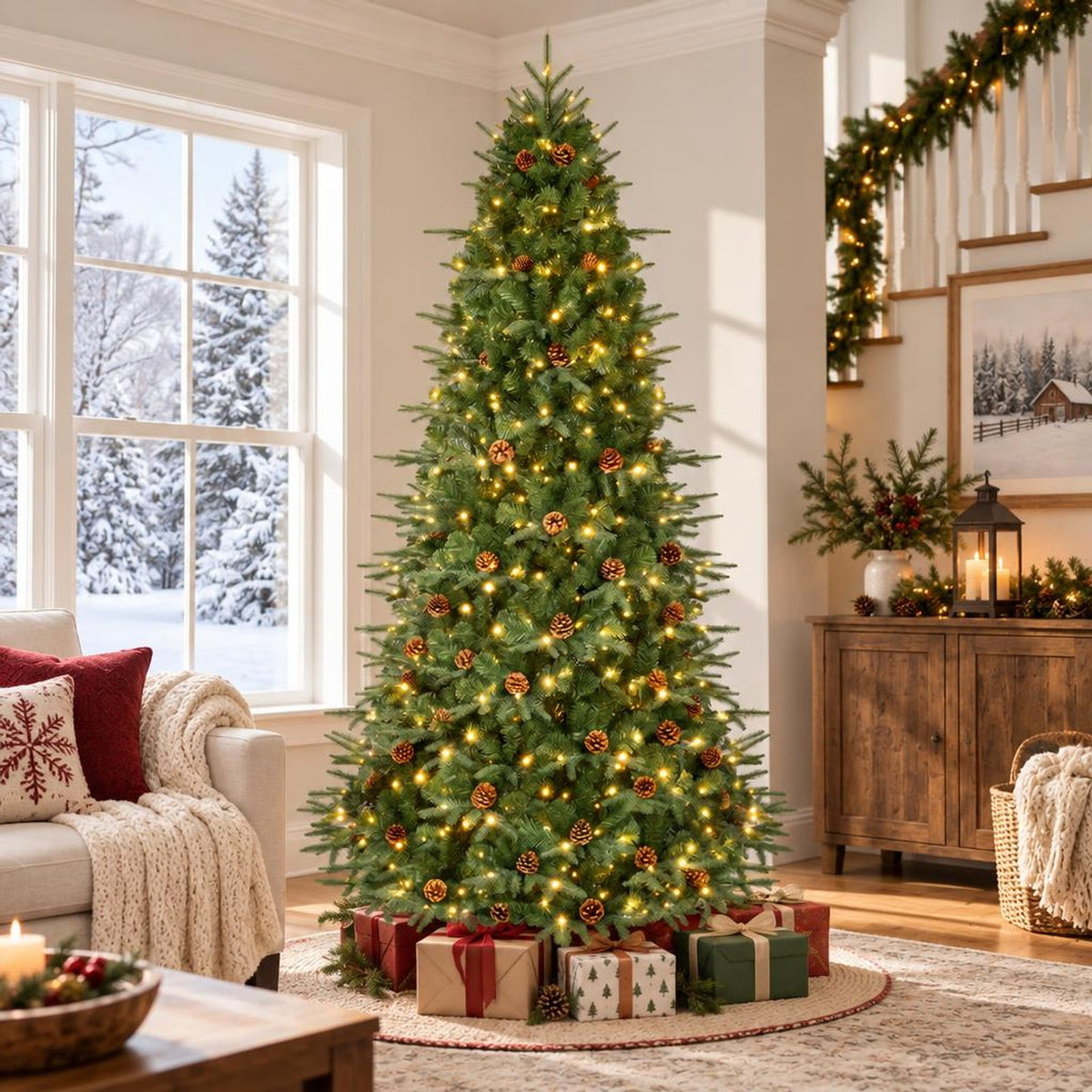Airfind 7.5 ft Pre-Lit Artificial Christmas Tree with 540 Warm White LED Lights, 71 Pine Cones, 1125 Branch Tips and Folding Metal Stand, Green