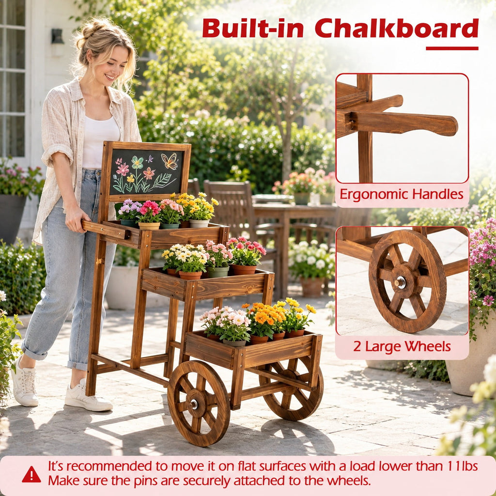 Airfind 3-Tier Carbonized Fir Wood Plant Display Stand Wooden Dessert Candy Cart, 44 lbs Capacity, 23 Inch x 39 Inch x 40 Inch Footprint, Brown