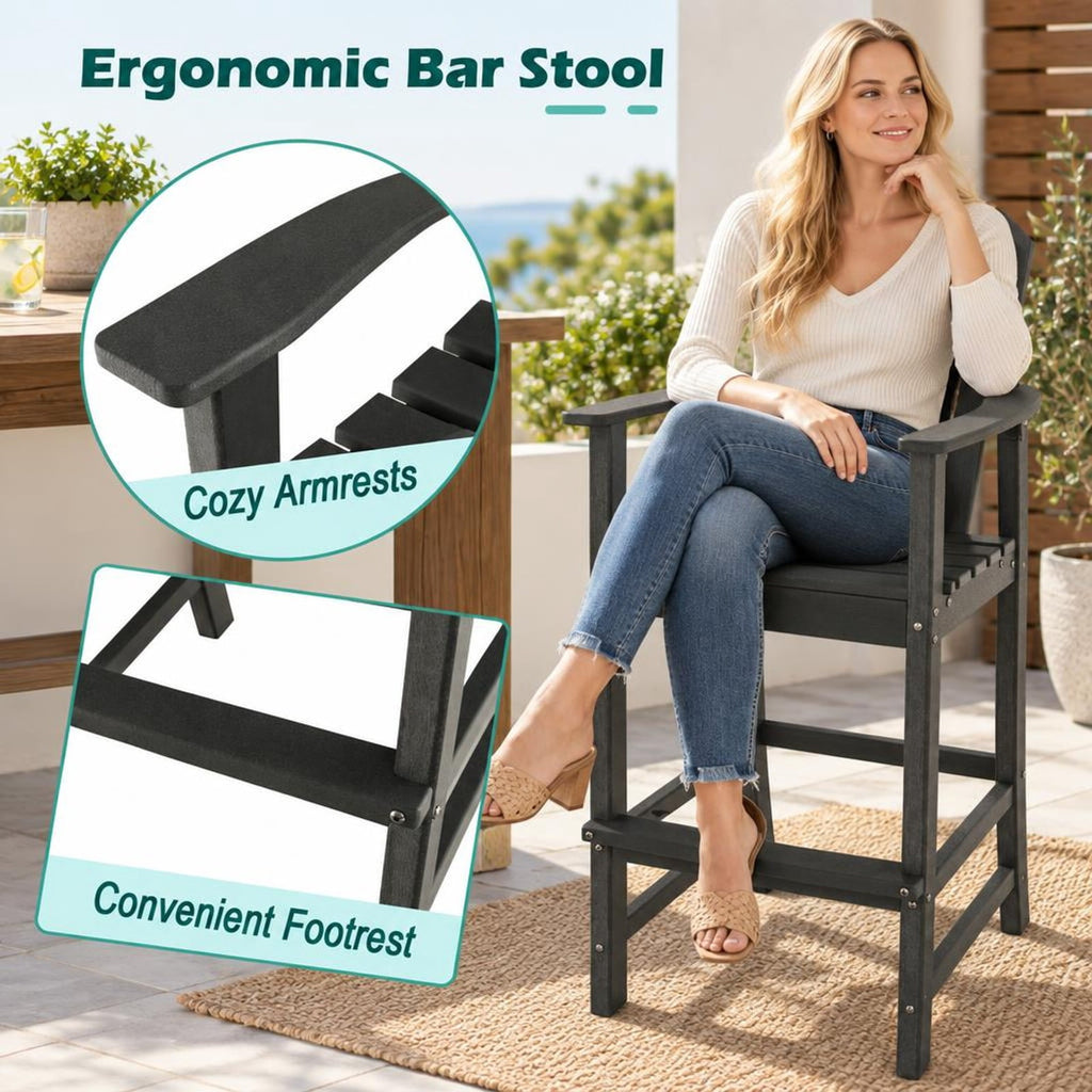 Airfind 30 Inches Counter Height Outdoor HDPE Bar Stool with Armrests and Footrest, 360 lbs Capacity, HDPE Frame, Black