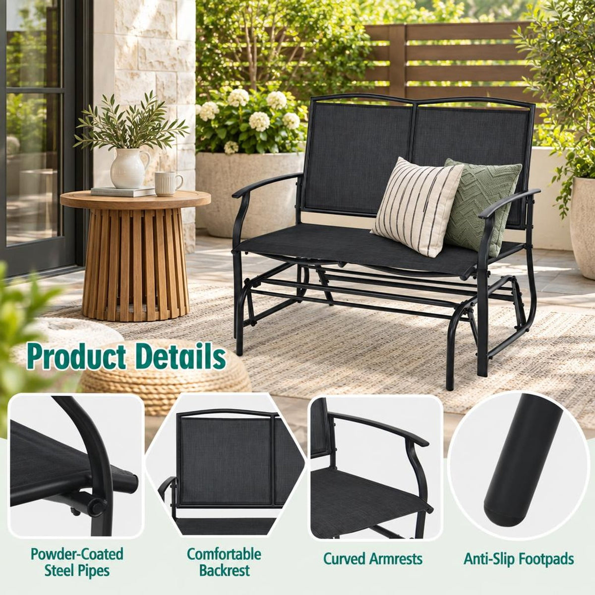 Airfind Iron Patio Rocking Chair for Outdoor Backyard and Lawn, 396 lbs Capacity, Steel and textilene Frame, 41.3 x 28.1 x 36.6 Footprint, Black