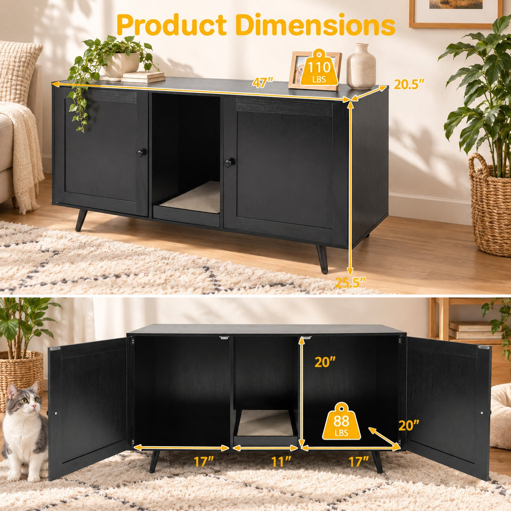 Airfind Double Cat Litter Box Enclosure for 2 Cats with Scratching Pad and Double Rooms, Engineered Wood Frame, Black