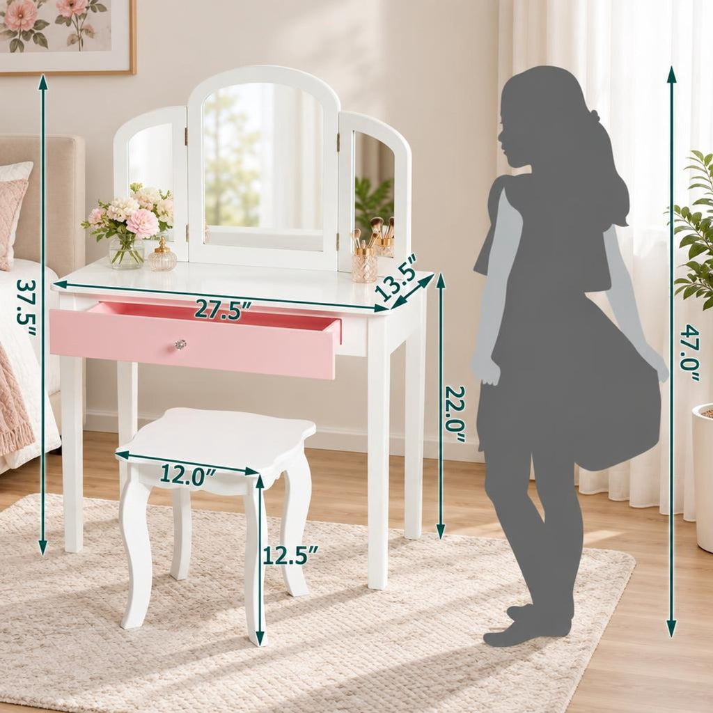 Airfind Kids Princess Make Up Dressing Table with Tri-folding Mirror and Chair, 33 lbs Capacity, MDF Frame, 27.5 x 13.5 x 37.5 Footprint, White
