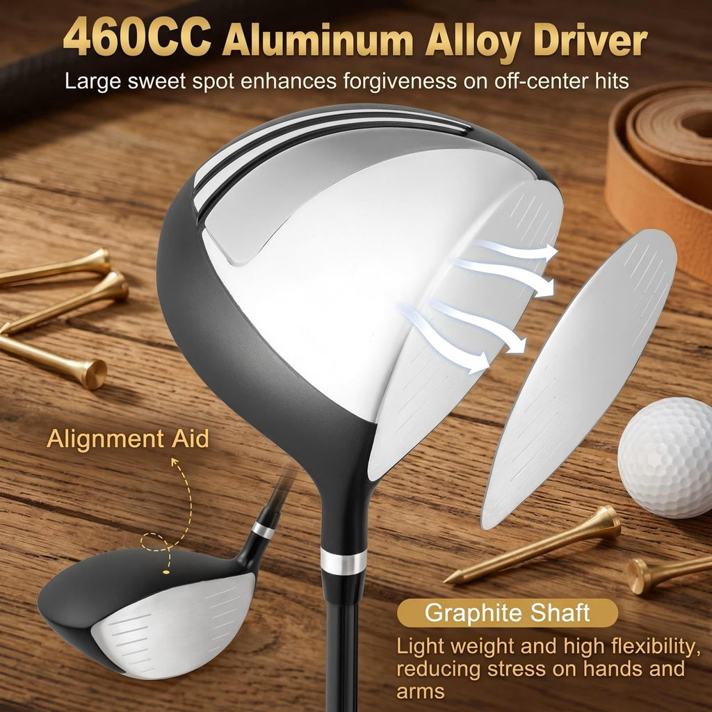 Airfind Mens Complete Golf Club Package Set, 10-Piece Right-Handed Kit with 460cc Driver, Fairway Wood, Hybrid, Irons, Putter and Stand Bag, Gray