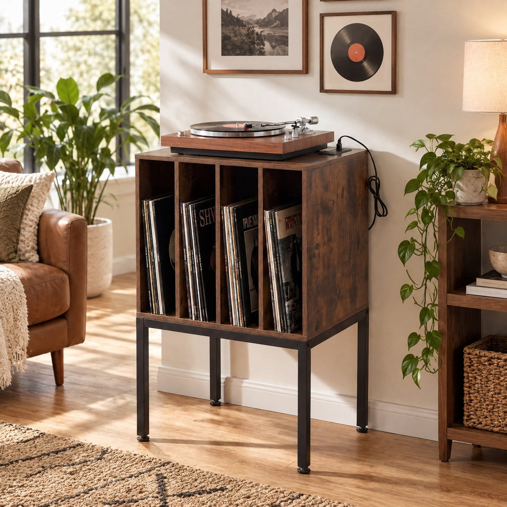 AIRFIND Record Player Stand with Power Outlets, USB and Type-C Ports, Divided Vinyl Storage and Metal Legs, 20 inch Turntable Table, Rustic Brown