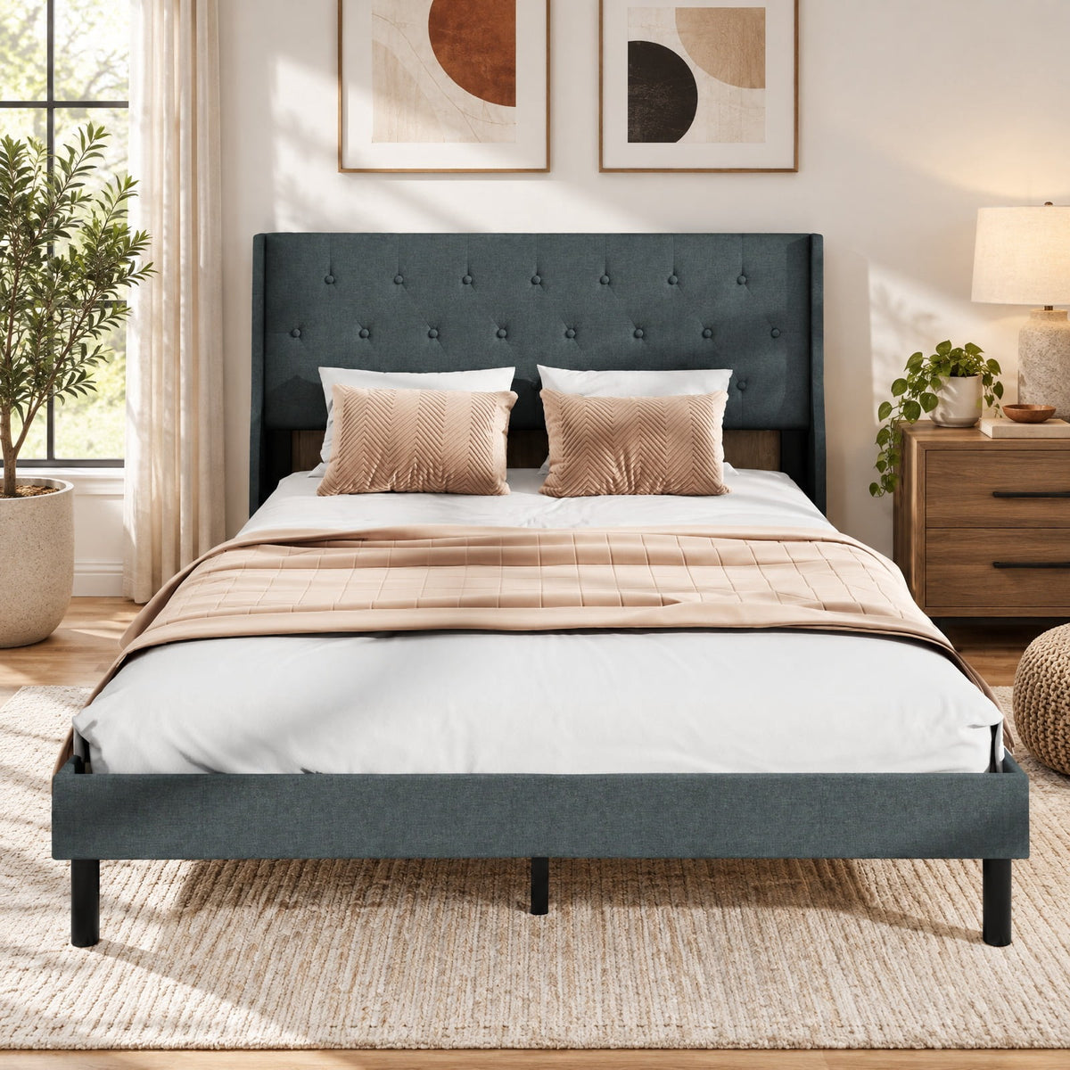 Airfind Queen Size Upholstered Bed Frame with Button Tufted Wingback Headboard and Wooden Slats Support Mattress Foundation, 800 lbs Capacity, Gray