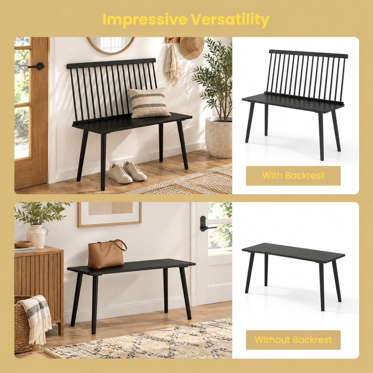 Airfind Entryway Bench, for 2 with Spindle Back for Kitchen Dining Room Hallway, 440 lbs Capacity, Rubber Wood Frame, 39 Inch x 18.5 Inch x 36.5 Inch, Black