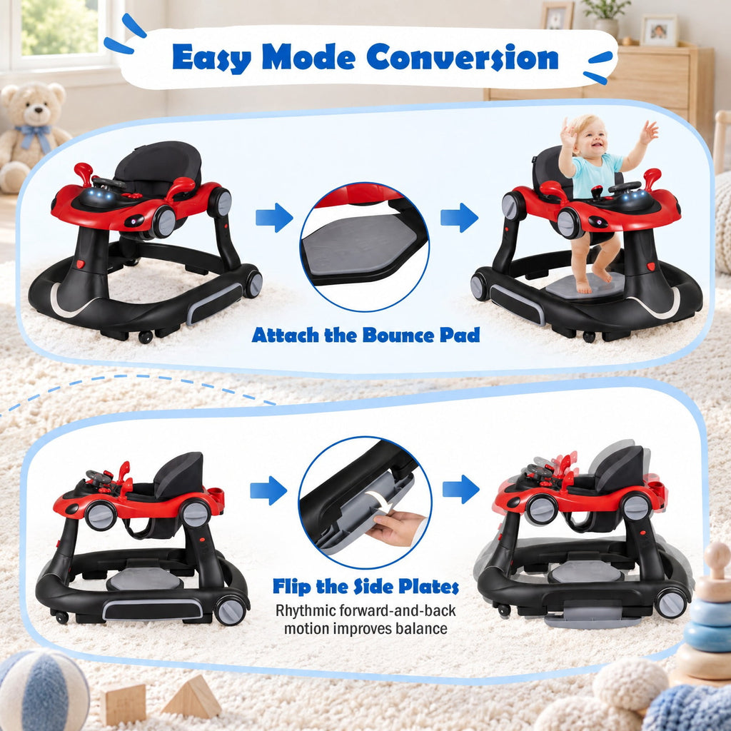 Airfind 6-in-1 Baby Walker with Canopy Portable Activity Center Bouncer Rocker Combo with Music, 27 lbs Capacity, PP ABS Fabric Sponge Frame, Red