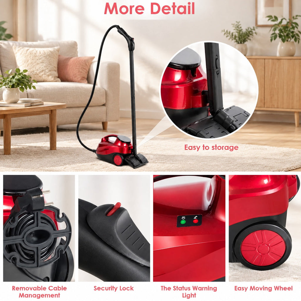 Airfind 2000W Heavy Duty Multi-purpose Steam Cleaner Mop with Detachable Handheld Unit, ABS Frame, : 10 x 17 x 10 Footprint, Red