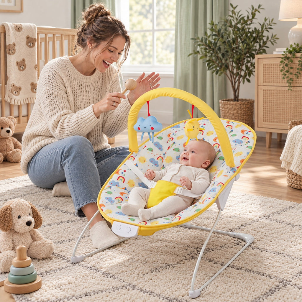 Airfind Portable Nursery Bouncer, Nursery Rocker Seat with Detachable Toy Bar, 20 lbs Capacity, Peach Velvet Fabric Polyester Metal ABS TPE, Yellow