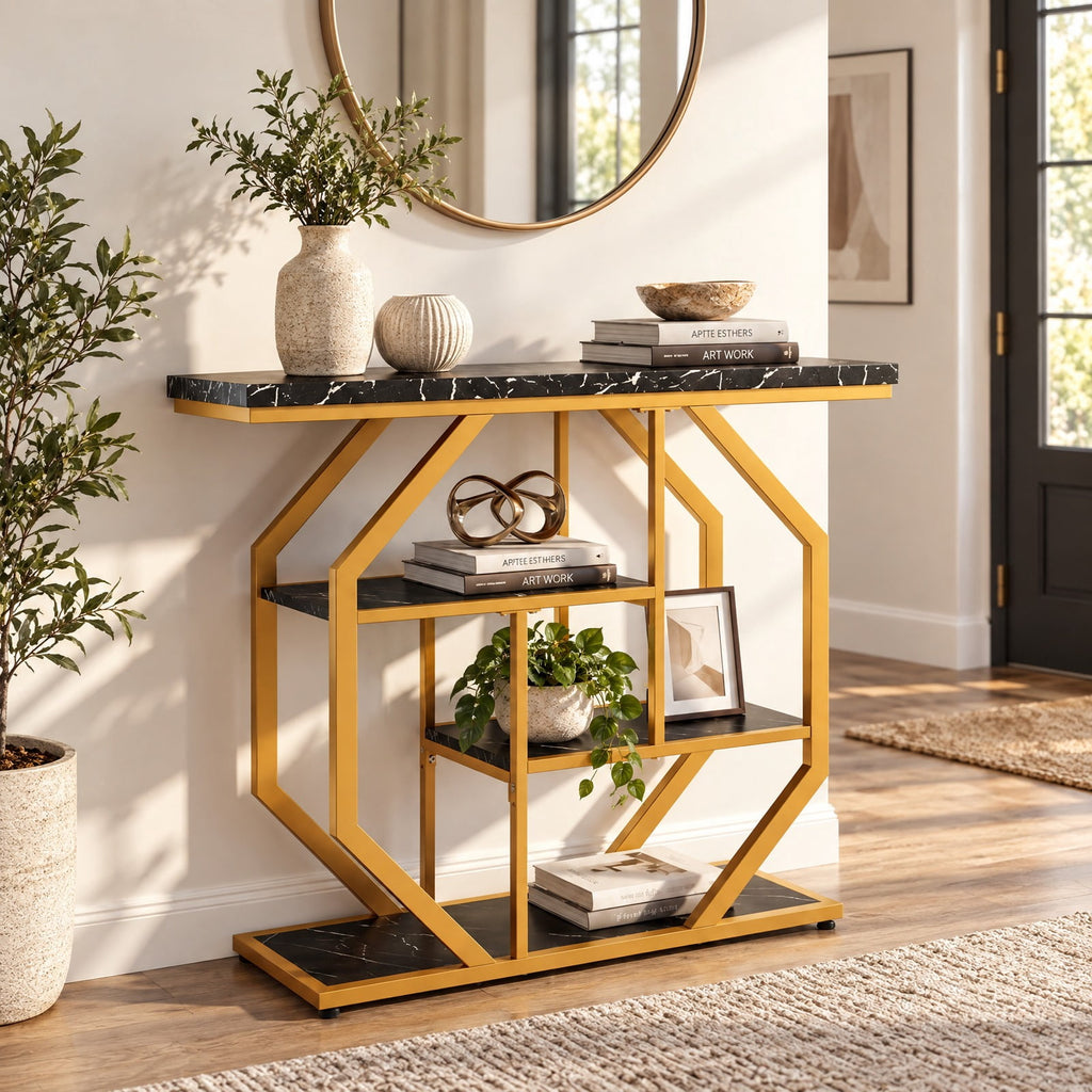 Airfind Modern Sofa Table Behind Couch 4-Tier Console Table with Faux Marble Tabletop, 110 lbs Capacity, MDF Metal Frame, Black