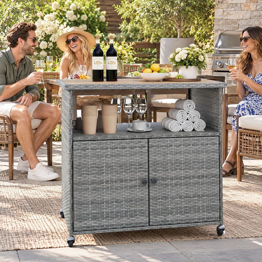 Airfind Outdoor Storage Cabinet with Acacia Wood Top and Lockable Wheels, 180 lbs Capacity, PE Rattan Acacia Wood Metal Frame, Gray