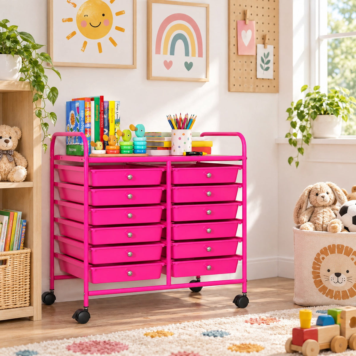 Airfind 12 Drawers Rolling Storage Cart for Home and Office, Steel Frame, 25inx15inx 34in Footprint, Pink