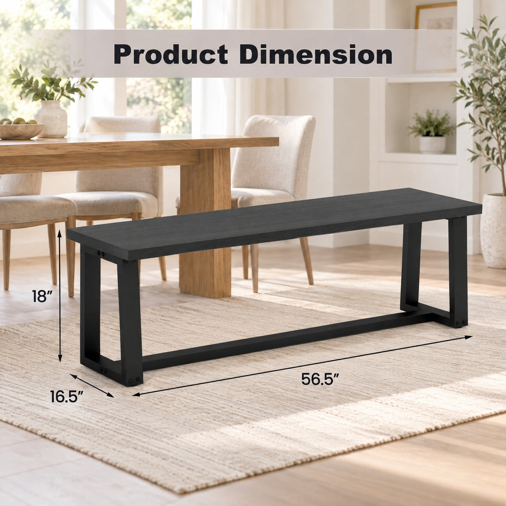 Airfind Wood Dining Bench with Metal Frame and Adjustable Footpads, 56.5 Inch x 16.5 Inch x 18 Inch Weight Footprint, Black