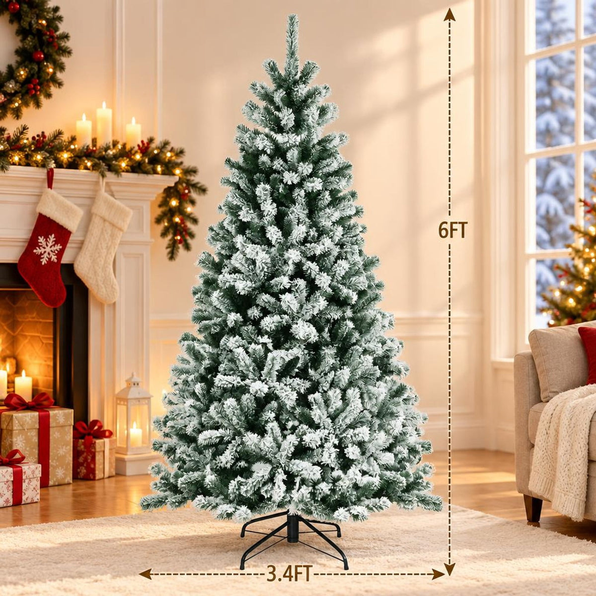 Airfind 6 Feet Pre-lit Snow Flocked Hinged Christmas Tree with 928 Tips and Metal Stand-6 ft, PVC metal Frame, 3.4 x 6/4 x 7/4.9 x 8 Footprint