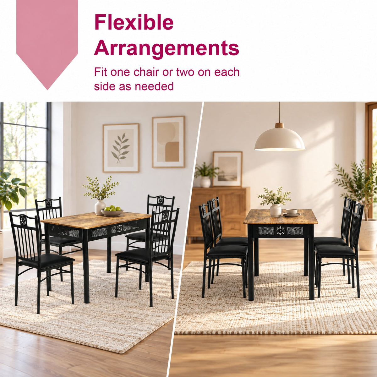 Airfind 5 Pcs Dining Set Wood Metal Table and 4 Chairs with Cushions, 132 lbs Capacity, Steel tube and MDF Frame, Black