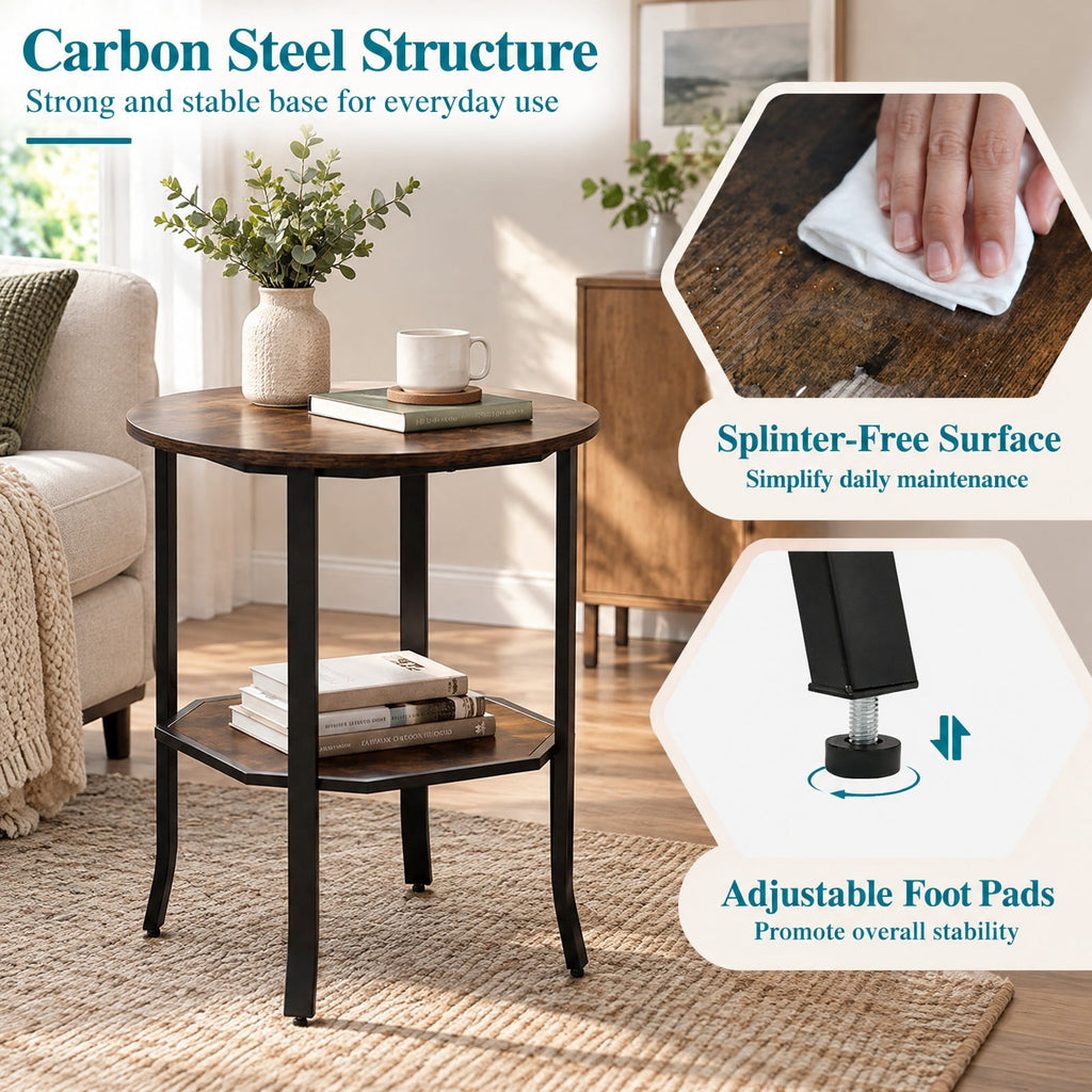 Airfind Round Side Table Small End Table with Storage Shelf 2-Tier Nightstand for Small Space, 90 lbs Capacity, Engineered Wood Carbon Steel Frame