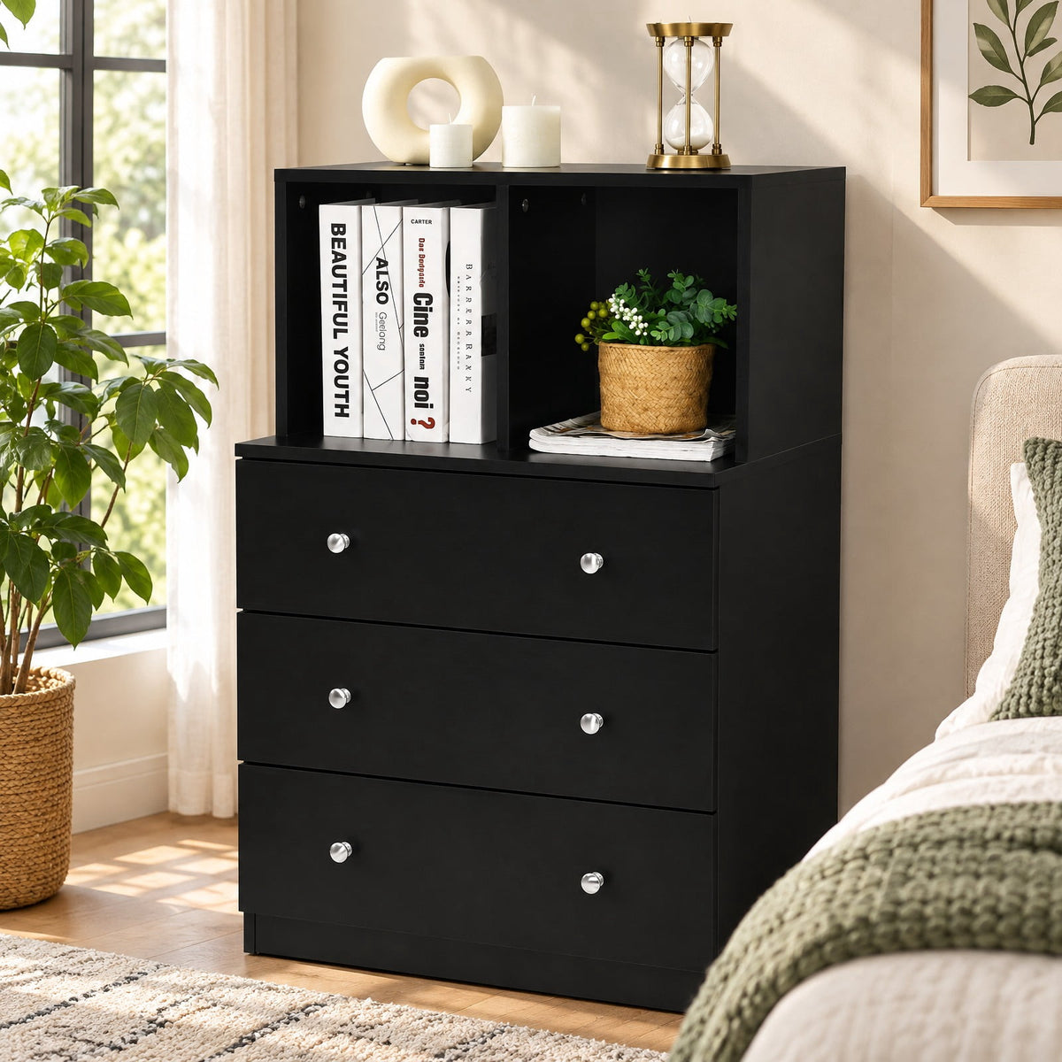 Airfind 3 Drawer Dresser with Cubbies Storage Chest for Bedroom Living Room, Engineered wood metal Frame, 24in x 16in x 37in Footprint, Black