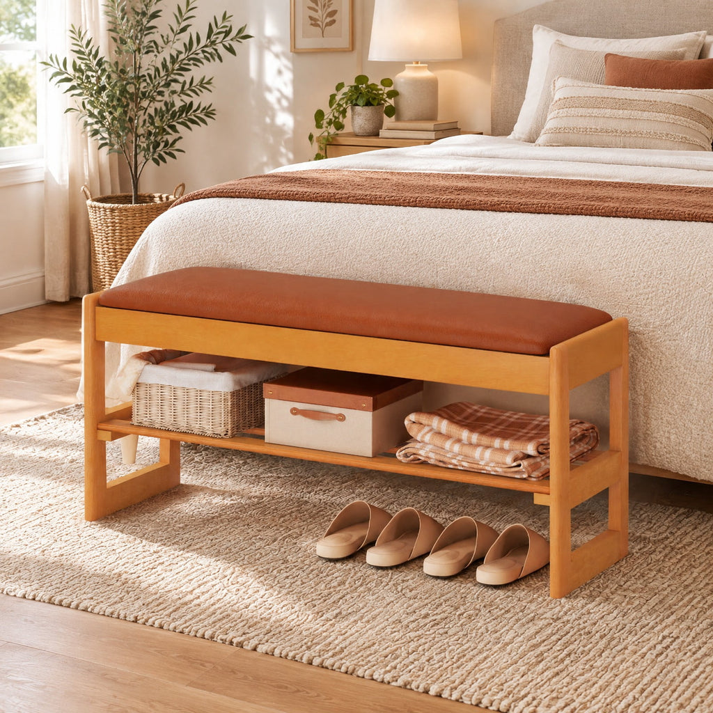 Airfind Shoe Rack Bench with Storage 2-Tier Rubberwood Entryway Bench with Flip-Open Storage, 400 lbs Capacity, 40in x 13.5in x 17in Footprint, Brown