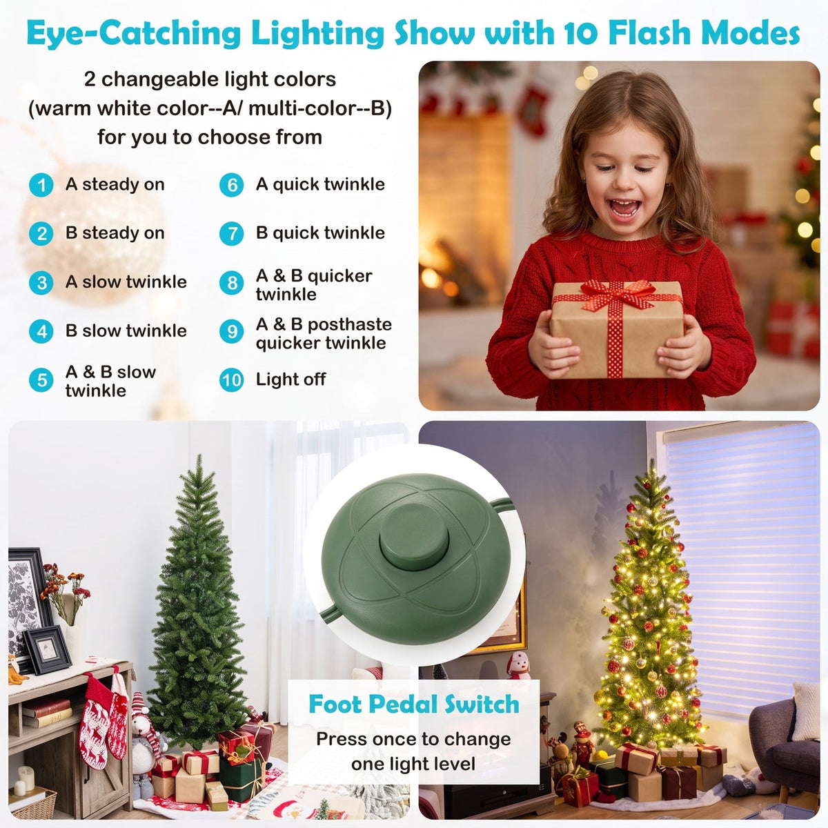 Airfind Pencil Christmas Tree with 180 Warm White and Multi, PVC PE Metal Tree Height 5ft Tree Width 2ft Frame, White