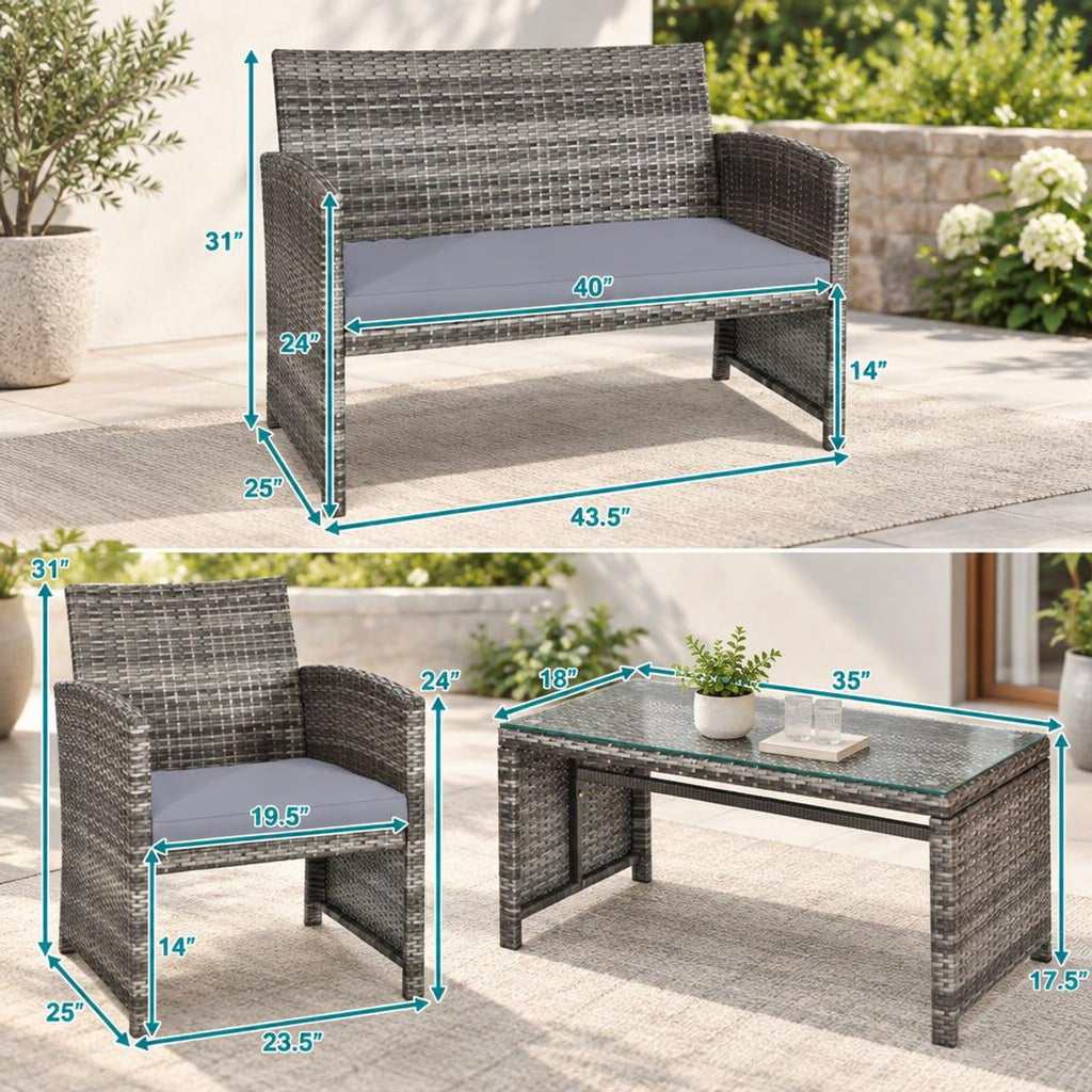 Airfind 4 Pieces Patio Rattan Furniture Set with Glass Table and Loveseat, PE Rattan Polyester Fiber Steel Sponge Single Sofa Frame, Gray