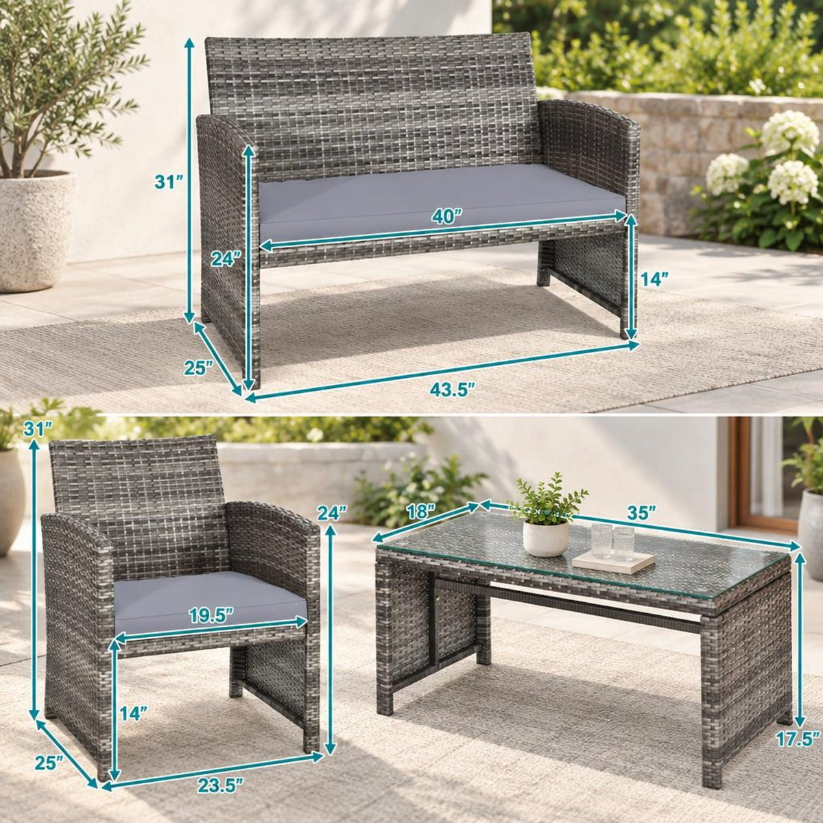 Airfind 4 Pieces Patio Rattan Furniture Set with Glass Table and Loveseat, PE Rattan Polyester Fiber Steel Sponge Single Sofa Frame, Gray