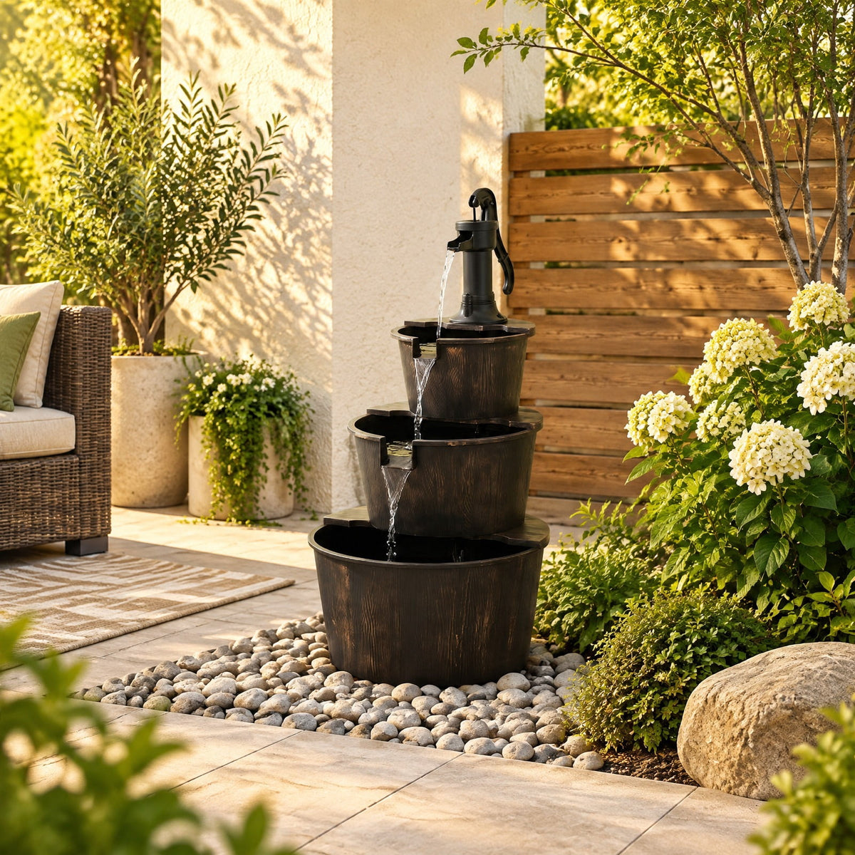 Airfind 3-Tier Outdoor Barrel Waterfall Fountain with Electric Pump, PP Metal Frame, 24 x 21 x 37 Footprint, Bronze Black