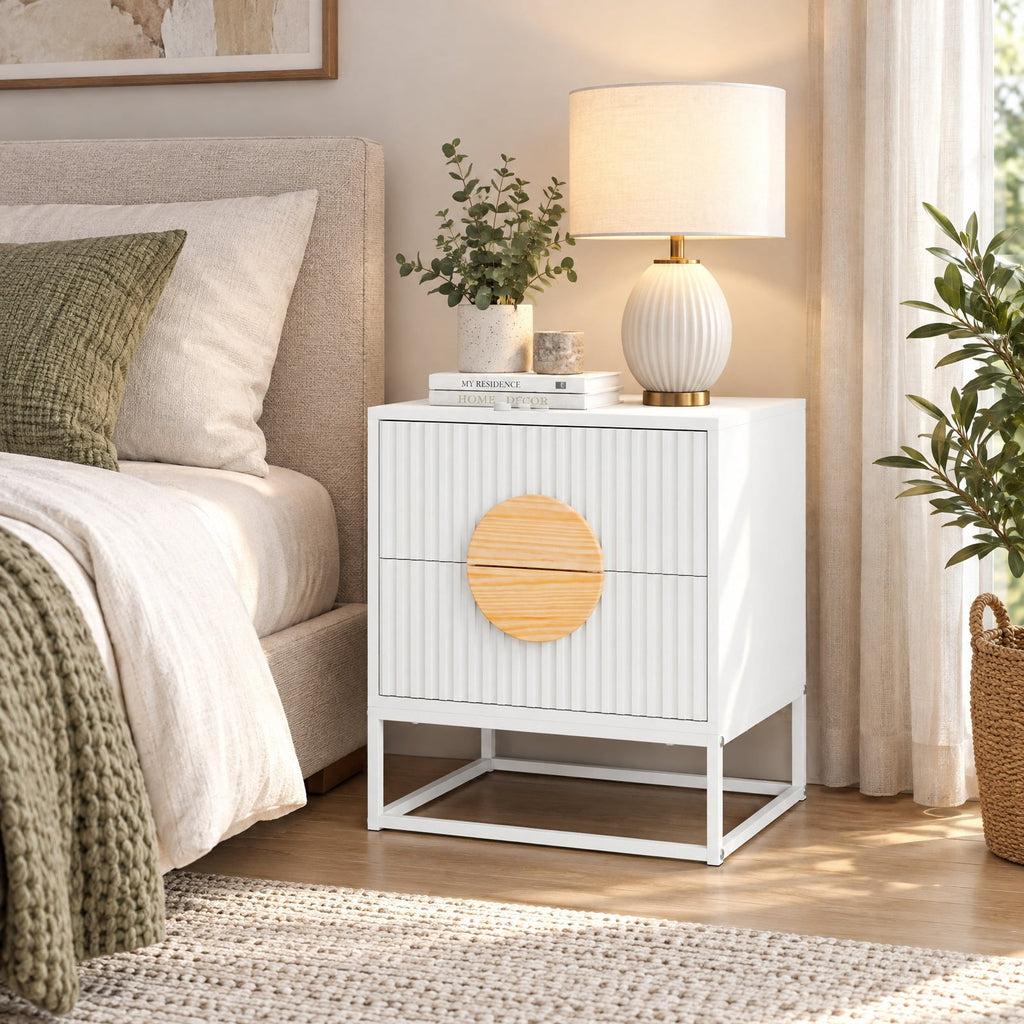 Airfind Modern Mid Century Fluted Nightstand with 2 Drawers and Pine Wood Handles for Bedroom, 66 lbs Capacity, Engineered Wood MDF Pine Wood Frame