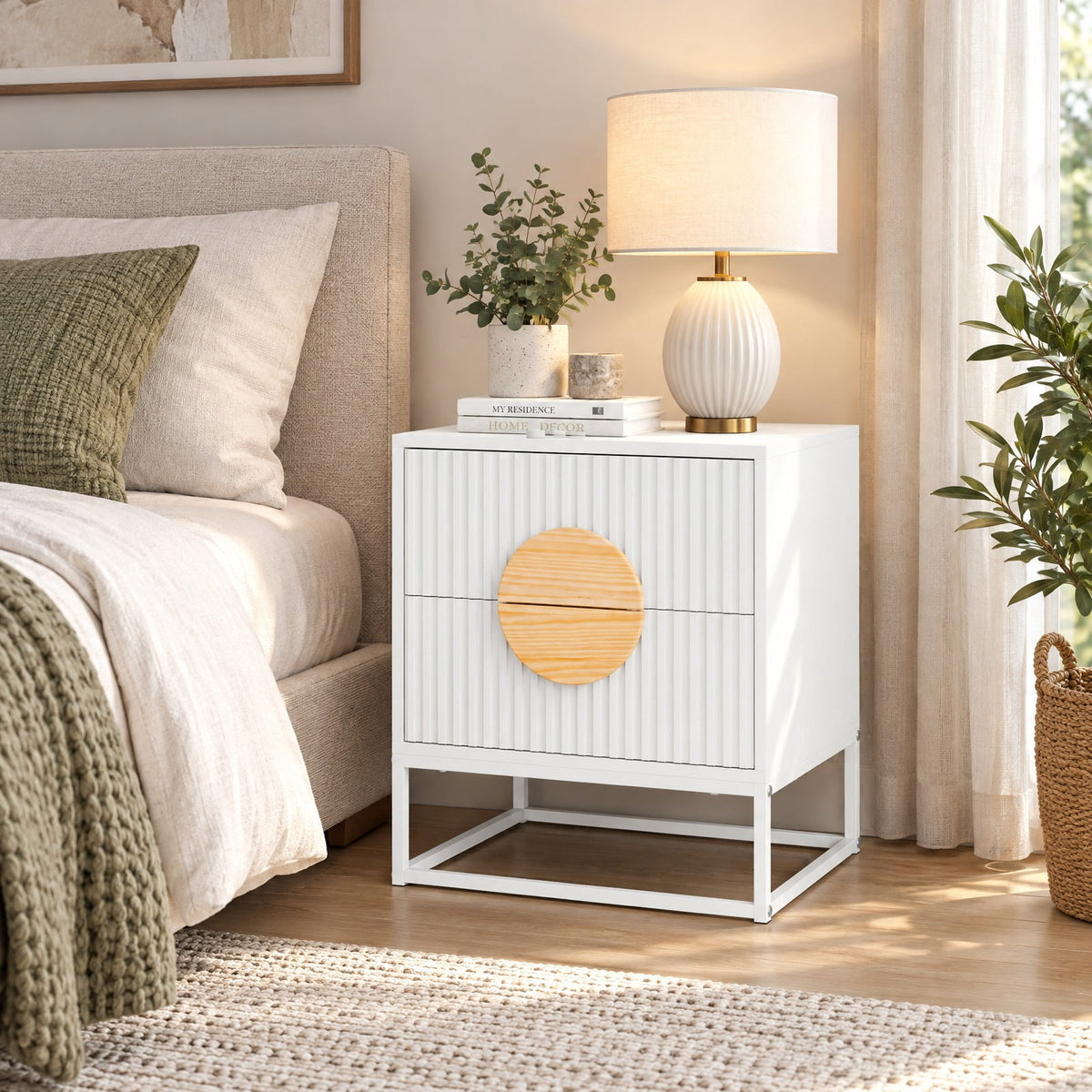 Airfind Modern Mid Century Fluted Nightstand with 2 Drawers and Pine Wood Handles for Bedroom, 66 lbs Capacity, Engineered Wood MDF Pine Wood Frame
